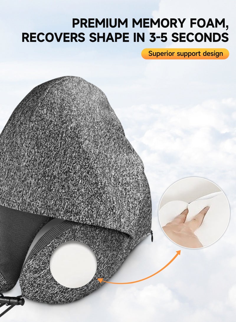 HomKawt Travel Pillow, Neck Pillow with Hood - Velvet Memory Foam for Adults, Head & Neck Support for Airplane, Car, Office Sleeping & Long Flights (Gray) - Image 5